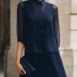 Button-Front Sheer Overlay Midi Dress