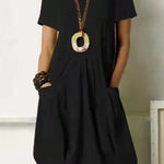 Cotton Linen Solid Color Loose Round Neck Short Sleeve Tank Dress