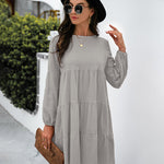 Long Puff Sleeve Shirt Dress Casual Crewneck Loose Fit Sundress Trendy Tiered Layer Summer Mini Dresses