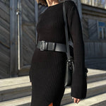 Slit-fitting Sweater Dress Long-sleeved Knitted Mid-length Dress