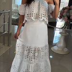 Valia Crochet Cutout Lace Off Shoulder Top and Elastic Waist A-line Maxi Skirt Set