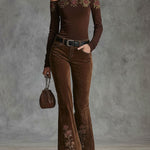 Western-style Floral Embroidered Pocket Flared Pants