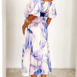Floral Print Elegant Puff Sleeve Tie-Waist Midi Dress