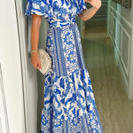 Irene Bohemian Print Off The Shoulder Belted Ruffle Maxi Dress