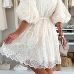 Summer Romance Embroidery Lace Puff Sleeve Button Tie-up Mini Dress