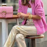Retro straight-leg gold trousers with loose pockets and wide legs