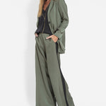 Two-Piece Set Long Sleeve Lapel Leisure Blazers Plain Wide Leg Pants Suits