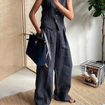 Striped Casual Two-piece Set V-neck Vest Trousers Pants Suit