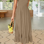 Summer Boho Spaghetti Strap Square Neck Solid Color Ruffle A Line Beach Long Maxi Dress