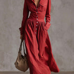 Exquisite Retro Western Lapel Front Button Red Windbreaker Style Cotton And Linen Maxi Dress