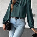 Long Sleeves Loose Elasticity Pleated Ruffle Trim Solid Color Mock Neck Blouses&Shirts Tops