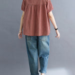 Cotton Blend Plaid Polo Puff Sleeve T-Shirts Tops