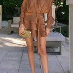 Margovil Lantern Long Sleeves Draped Ruffle Layered Mini Dress with Shorts