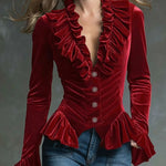 Fashion Retro Cocoa Brown Velvet V-Neck Ruffled Long-Sleeved Shirt