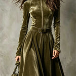 Vintage Olive Green Zip-Front Velvet Maxi Dress (Belt Included)
