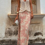 Lace-up High Slit Printed Maxi Skirt