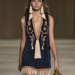 Western Retro Faux Suede Bohemian Style Embroidered Tassel Sleeveless Mini Dress