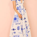 V Neck Puff Sleeves Resort Print A-line Maxi Dress