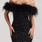 Margovil Off Shoulder Feather Trim Sequin Mini Party Dress