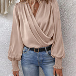 Nadorine Elegant V-neck Lantern Sleeve Blouse Temperament Solid Color Shirt for Women Casual Work Office Loose Fit 2026 | Under $40