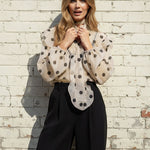 Long Sleeves Loose Buttoned Elasticity Polka-Dot Ruffle Trim See-Through V-Neck Blouses&Shirts Tops