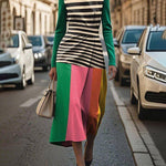 Long Sleeves Contrast Color Pleated Round-Neck Midi Dresses