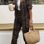 Wild Personality Leopard Pocket Relaxed Lapel Blazer and Elastic Waist Pants Set