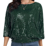 Solid Color Sequined Loose Round Neck Casual Top