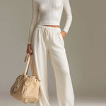 Fashionable Sporty White Knit Ribbed Crew Neck Top And Wide-leg Pants Set