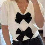 V Neck Short Sleeves Bow Knot Knit Top