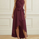 High-Low Loose Ruffle Trim Solid Color Tied Waist V-Neck Maxi Dresses