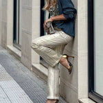 Retro Straight Silver Loose Pocket Wide-leg Pants