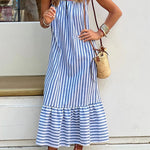Blue Striped Fly Sleeve Square Neck Loose Resort Dress