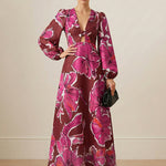 Elasticated Waist Long Sleeves Contrast Color Flower Print Hollow Split-Joint Twist Deep V-Neck Maxi Dresses