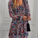 Ribbed Long Sleeve Chiffon Dress Crewneck Elegant Batwing Bohemian Floral Printed Dress
