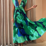 Nadorine Women's Casual Sleeveless Pleated Long Dress Loose Deep V Neck Holiday Dresses