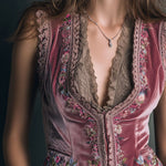 Vintage Dusty Rose Velvet Embroidered Vest With Lace Trim