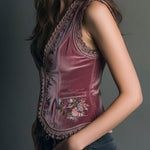 Vintage Dusty Rose Velvet Embroidered Vest With Lace Trim
