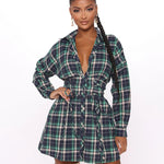 Plaid Grommet Lace Up Side Shirt Dress