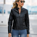 Stand Up Collar Solid Faux Leather Jacket