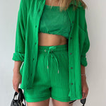 Solid Pocket Patched Drop Shoulder Blouse & Shorts Sets