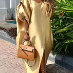Half Sleeves Loose Elasticity Pleated Solid Color Split-Front V-Neck Maxi Dresses
