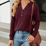 Solid Color V-Neck Button Loose Long Sleeve T-Shirt Top