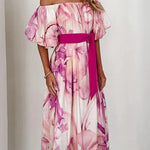 Floral Print Elegant Puff Sleeve Tie-Waist Midi Dress