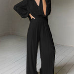 Pleated Two-Piece Set Long Sleeve Loose Fit Button Down Shirts Blouses Tops Wide Leg Pants Sets