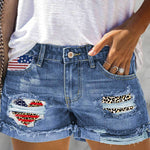 Independence Day Leopard Heart Print Ripped Destroyed Slim Butt Lift Shorts Jeans
