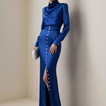 Split-Joint Heaps Collar Long Sleeves Pleated Blouses&Shirts Tops + Elasticated Waist Asymmetric Buttoned  Contrast Color Split-Side Zipper Skirts Bottoms Two Pieces Set