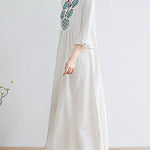 Loose Embroidered Floral Cotton Linen V-Neck 3/4 Sleeve Dress