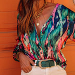 Nadorine Retro Oil Painting Printed Shirt V-neck Bubble Sleeve Top for Women Casual Work Office Loose Fit 2026 | Under $40