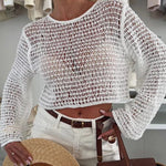 Fashion Knitted Hollow Long Sleeve Round Neck Holiday Cover Up
